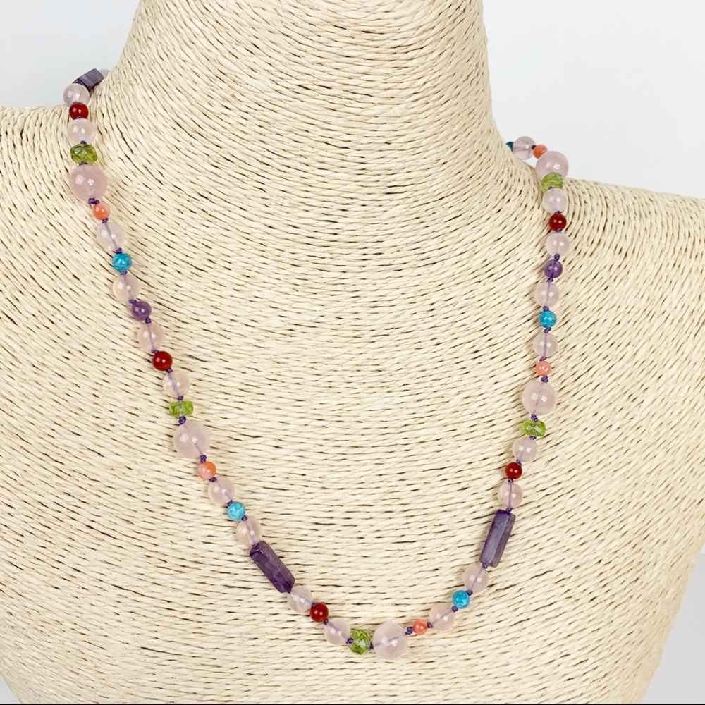 Hand Knotted Pink Quartz Amethyst Beaded Necklace